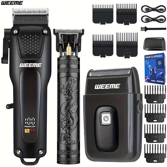 3pcs Grooming Kit Electric Hair Clipper + Beard Trimmer + Shaver + Nose Hair Trimmer, USB Rechargeable with LCD Display