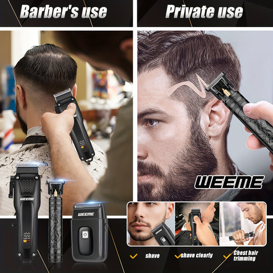 3pcs Grooming Kit Electric Hair Clipper + Beard Trimmer + Shaver + Nose Hair Trimmer, USB Rechargeable with LCD Display