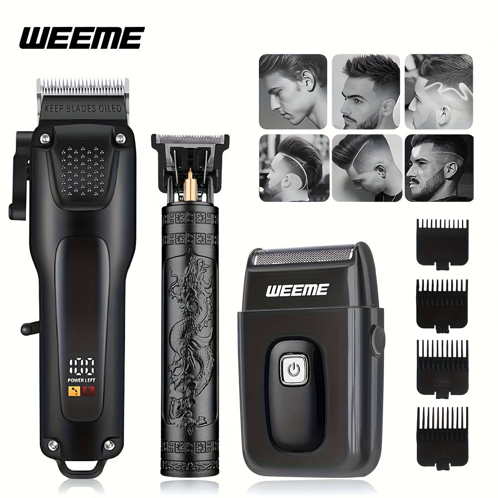 3pcs Grooming Kit Electric Hair Clipper + Beard Trimmer + Shaver + Nose Hair Trimmer, USB Rechargeable with LCD Display