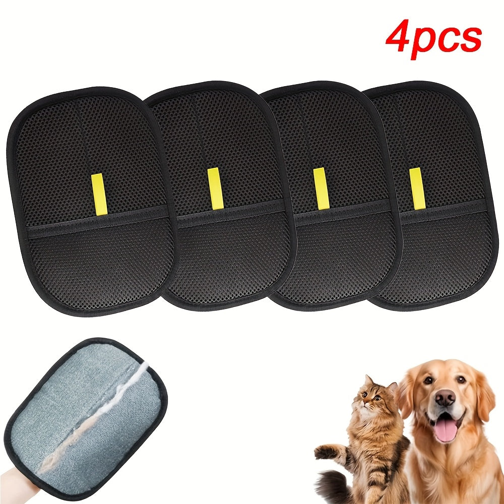 4pcs Cat Hair Removal Gloves - Dual Brush Design, Easy Hair and Fuzz Removal, Ergonomic Pet Grooming Gloves for Cat Owners, Durable & Easy-Clean Home Cleaning Tool, Adjustable Fit Dog Hair Removal Gloves
