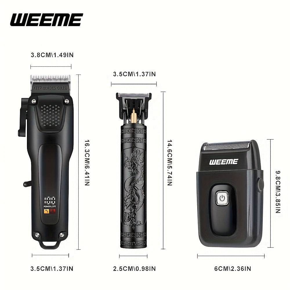 3pcs Grooming Kit Electric Hair Clipper + Beard Trimmer + Shaver + Nose Hair Trimmer, USB Rechargeable with LCD Display