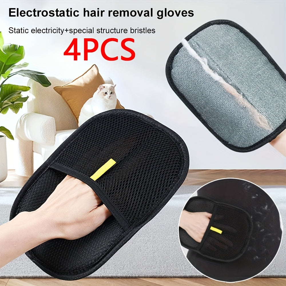 4pcs Cat Hair Removal Gloves - Dual Brush Design, Easy Hair and Fuzz Removal, Ergonomic Pet Grooming Gloves for Cat Owners, Durable & Easy-Clean Home Cleaning Tool, Adjustable Fit Dog Hair Removal Gloves