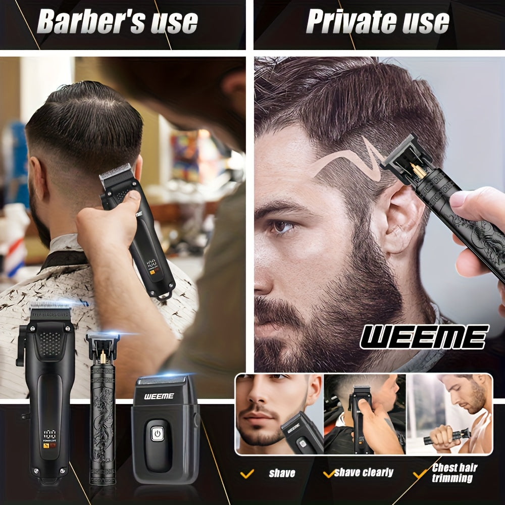3pcs Grooming Kit Electric Hair Clipper + Beard Trimmer + Shaver + Nose Hair Trimmer, USB Rechargeable with LCD Display
