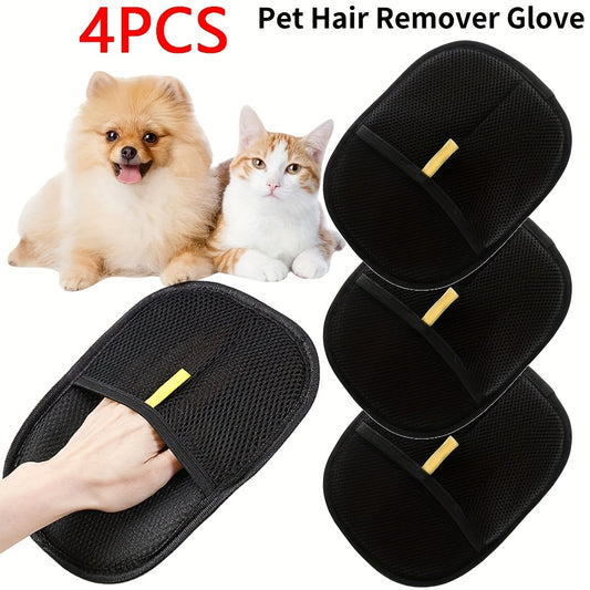 4pcs Cat Hair Removal Gloves - Dual Brush Design, Easy Hair and Fuzz Removal, Ergonomic Pet Grooming Gloves for Cat Owners, Durable & Easy-Clean Home Cleaning Tool, Adjustable Fit Dog Hair Removal Gloves